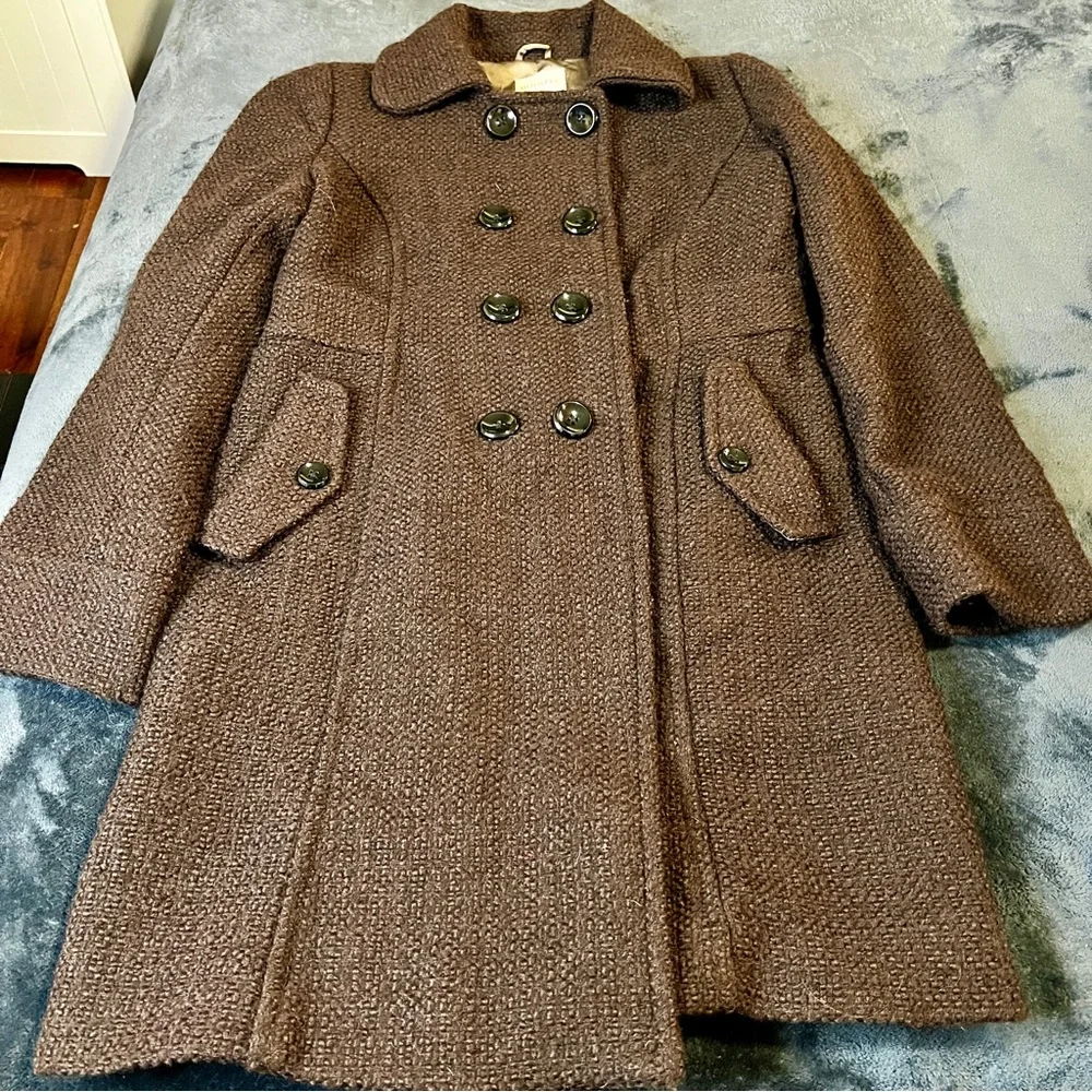 Old Navy Y2K Fall 2010 Chocolate Brown Wool Blend Tweed Boucle Midi Peacoat‎ L